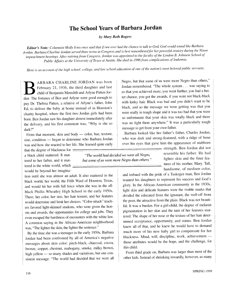 The School Years of Barbara Jordan by Mary Beth Rogers